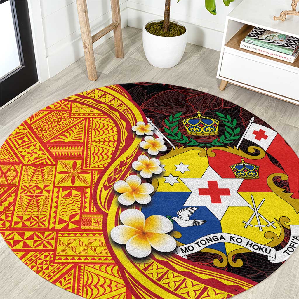 Tonga Culture Round Carpet Ngatu Pattern with Plumeria and Hibiscus