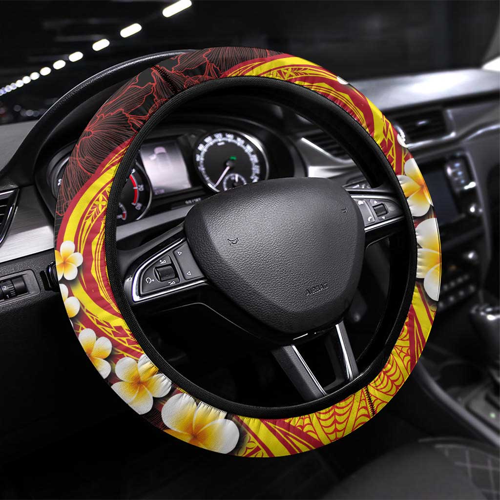 Tonga Culture Steering Wheel Cover Ngatu Pattern with Plumeria and Hibiscus LT03 Universal Fit Black - Polynesian Pride