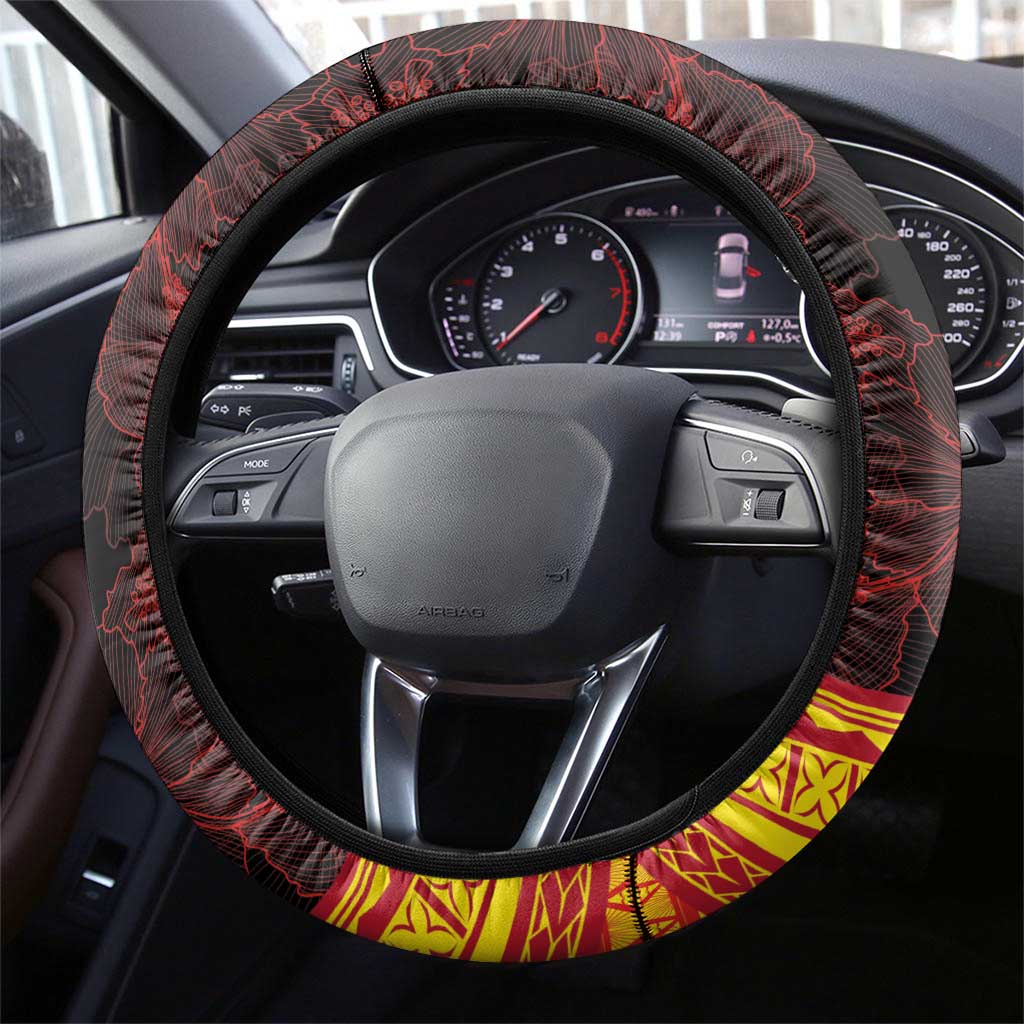 Tonga Culture Steering Wheel Cover Ngatu Pattern with Plumeria and Hibiscus LT03 - Polynesian Pride