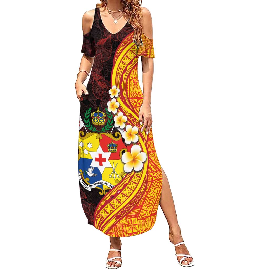 Tonga Culture Summer Maxi Dress Ngatu Pattern with Plumeria and Hibiscus LT03 Women Black - Polynesian Pride