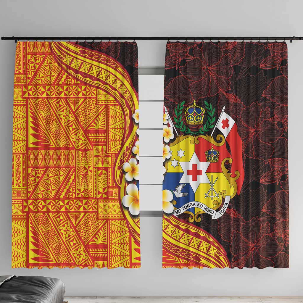 Tonga Culture Window Curtain Ngatu Pattern with Plumeria and Hibiscus LT03 With Hooks Black - Polynesian Pride