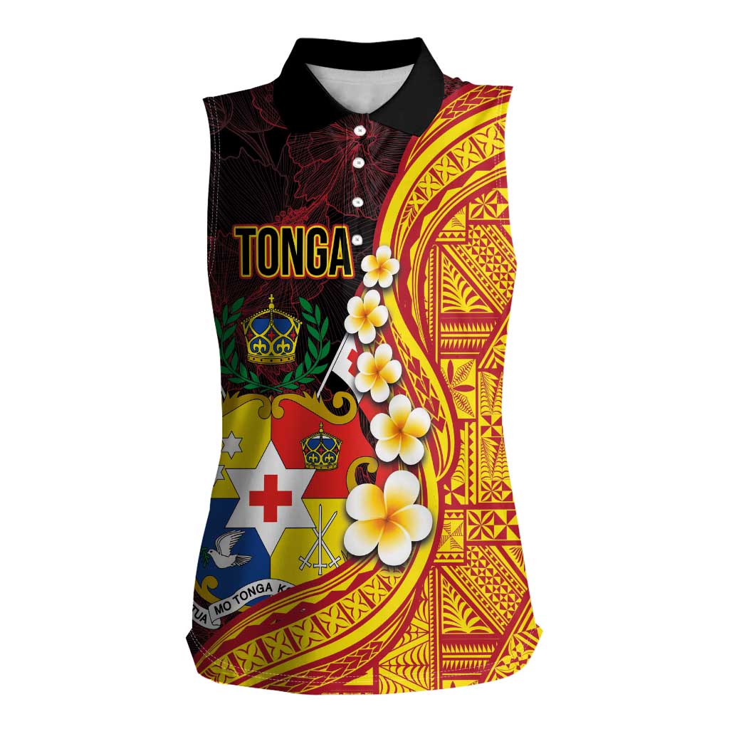 Tonga Culture Women Sleeveless Polo Shirt Ngatu Pattern with Plumeria and Hibiscus