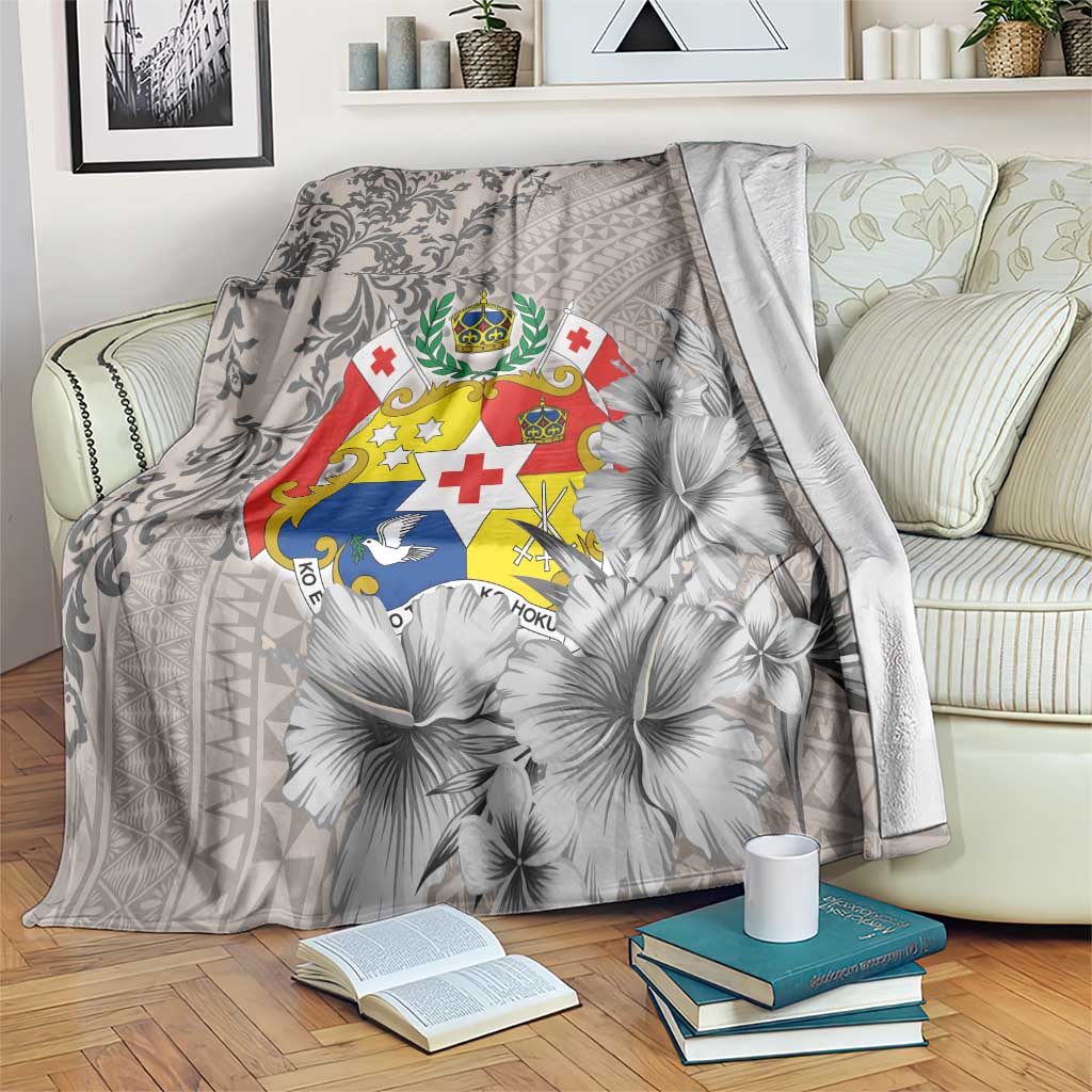 Tonga Culture Blanket Ngatu Pattern and Blooming Hibiscus LT03 Light Gray - Polynesian Pride