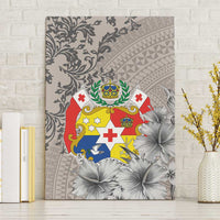 Tonga Culture Canvas Wall Art Ngatu Pattern and Blooming Hibiscus LT03 Without Frame Light Gray - Polynesian Pride