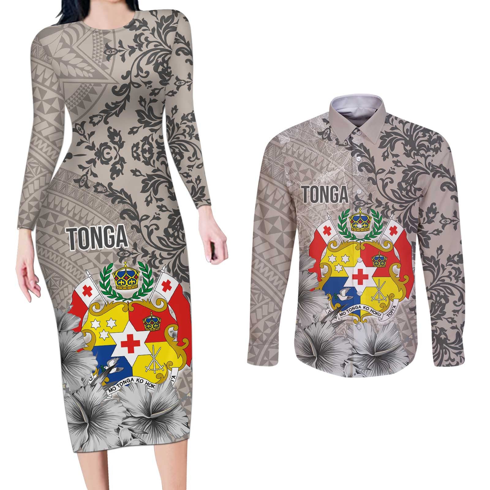 Tonga Culture Couples Matching Long Sleeve Bodycon Dress and Long Sleeve Button Shirt Ngatu Pattern and Blooming Hibiscus LT03 Light Gray - Polynesian Pride