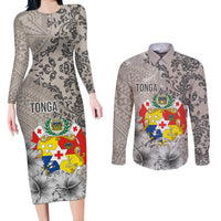 Tonga Culture Couples Matching Long Sleeve Bodycon Dress and Long Sleeve Button Shirt Ngatu Pattern and Blooming Hibiscus LT03 Light Gray - Polynesian Pride