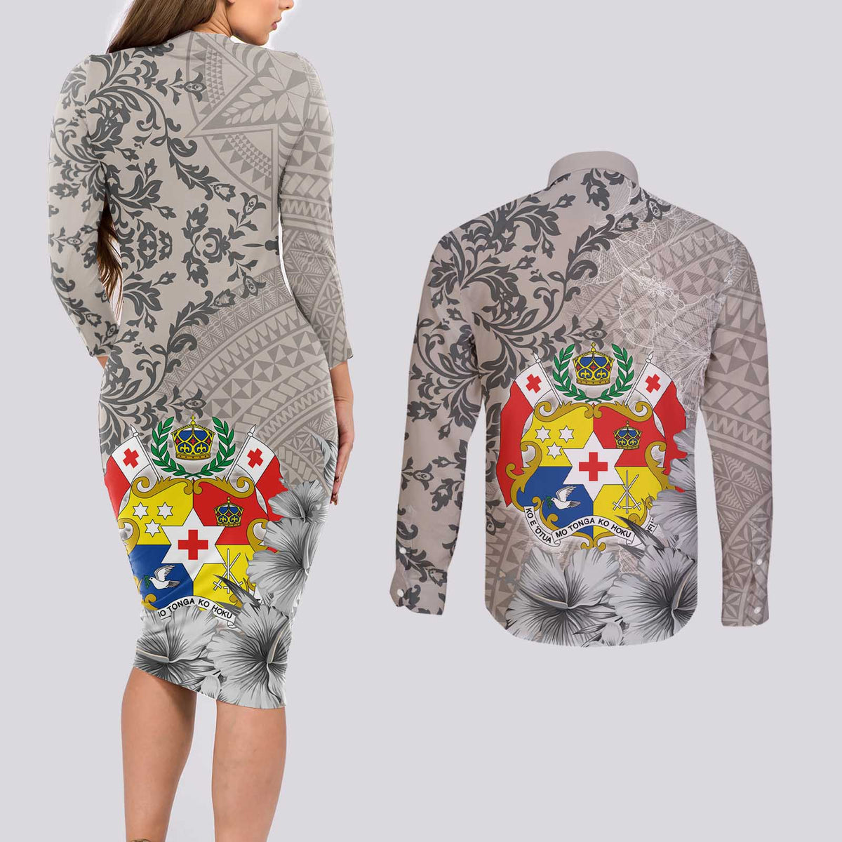 Tonga Culture Couples Matching Long Sleeve Bodycon Dress and Long Sleeve Button Shirt Ngatu Pattern and Blooming Hibiscus LT03 - Polynesian Pride
