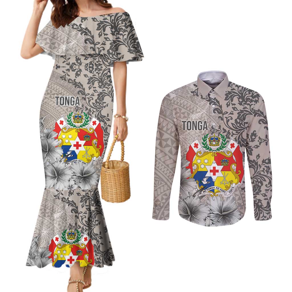Tonga Culture Couples Matching Mermaid Dress and Long Sleeve Button Shirt Ngatu Pattern and Blooming Hibiscus LT03 Light Gray - Polynesian Pride