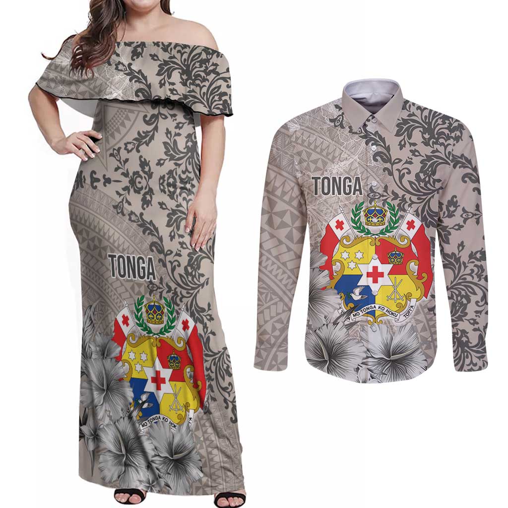 Tonga Culture Couples Matching Off Shoulder Maxi Dress and Long Sleeve Button Shirt Ngatu Pattern and Blooming Hibiscus