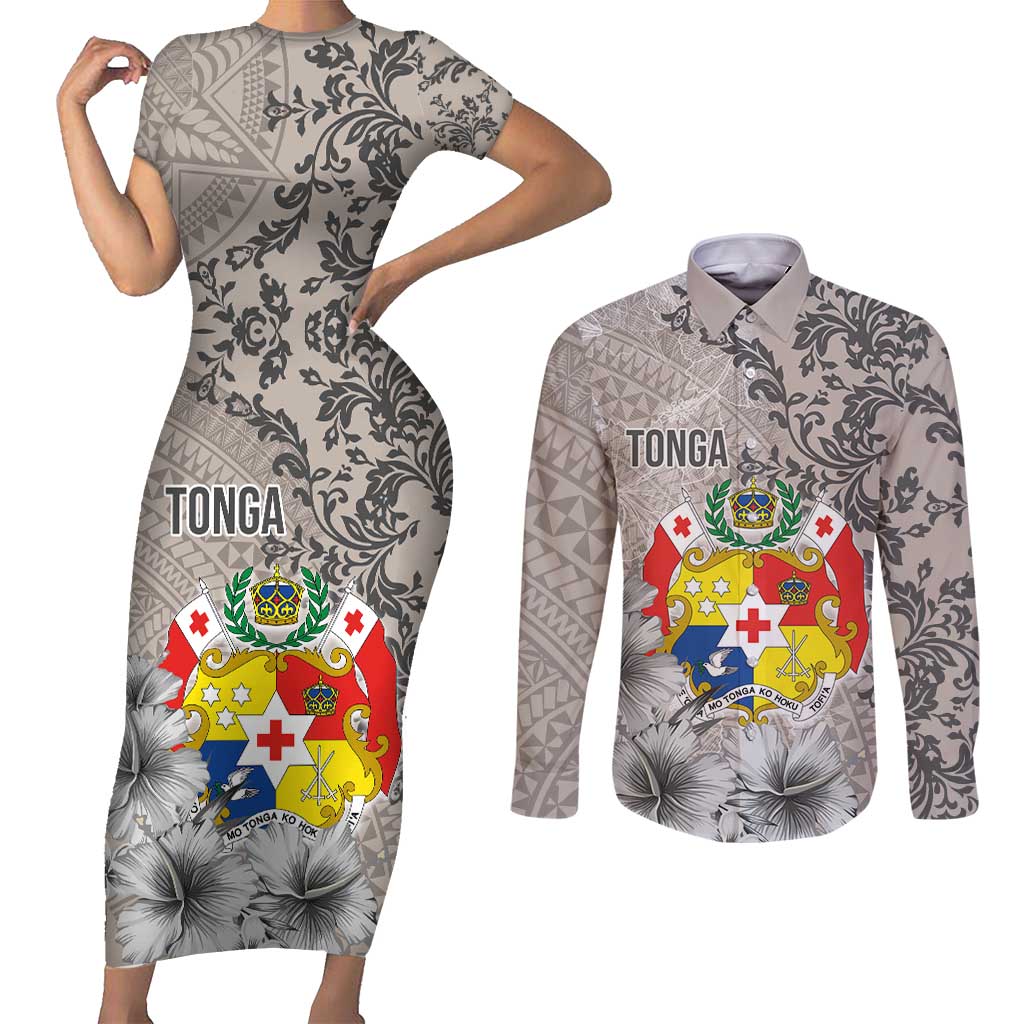 Tonga Culture Couples Matching Short Sleeve Bodycon Dress and Long Sleeve Button Shirt Ngatu Pattern and Blooming Hibiscus LT03 Light Gray - Polynesian Pride