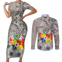 Tonga Culture Couples Matching Short Sleeve Bodycon Dress and Long Sleeve Button Shirt Ngatu Pattern and Blooming Hibiscus LT03 Light Gray - Polynesian Pride