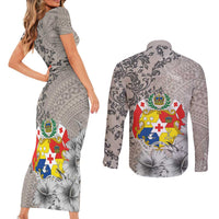 Tonga Culture Couples Matching Short Sleeve Bodycon Dress and Long Sleeve Button Shirt Ngatu Pattern and Blooming Hibiscus LT03 - Polynesian Pride