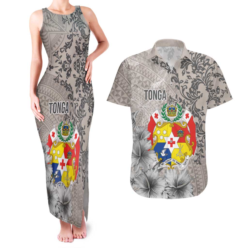 Tonga Culture Couples Matching Tank Maxi Dress and Hawaiian Shirt Ngatu Pattern and Blooming Hibiscus