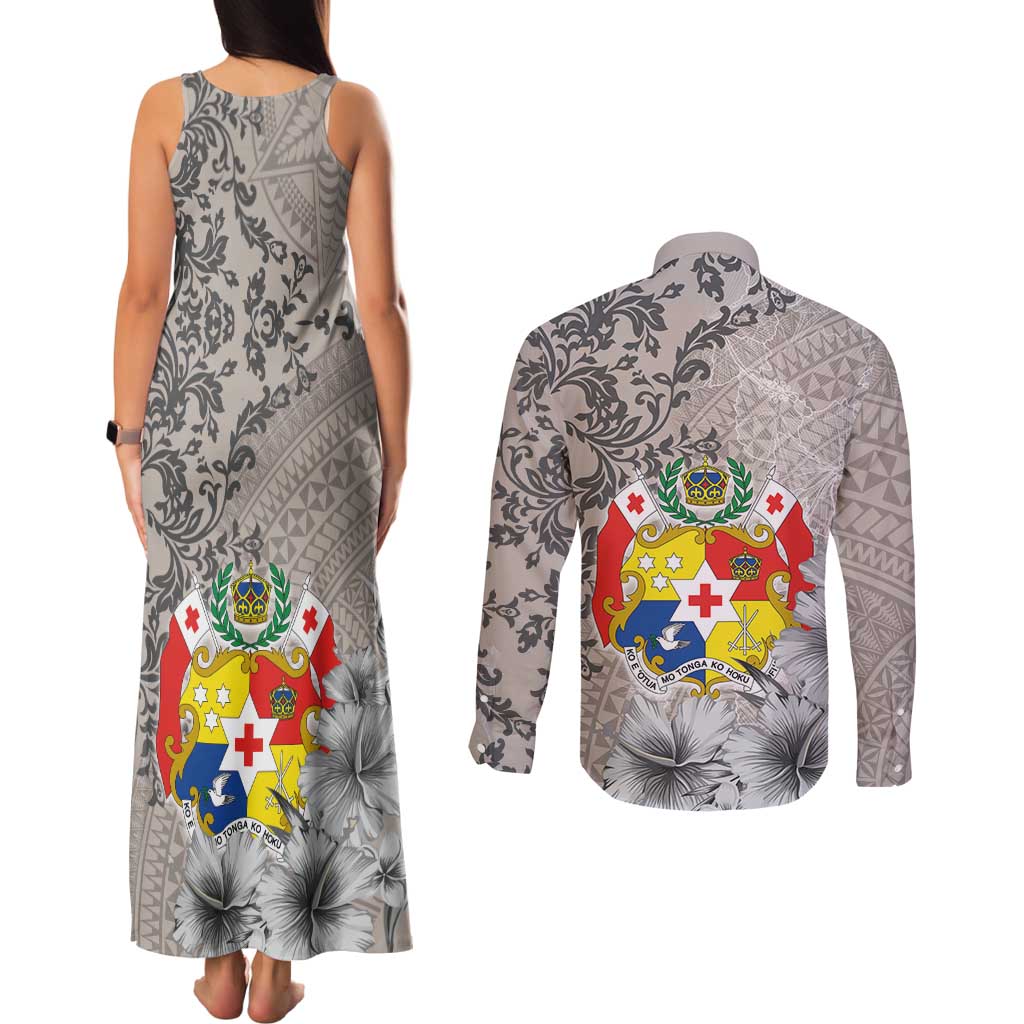 Tonga Culture Couples Matching Tank Maxi Dress and Long Sleeve Button Shirt Ngatu Pattern and Blooming Hibiscus LT03 - Polynesian Pride