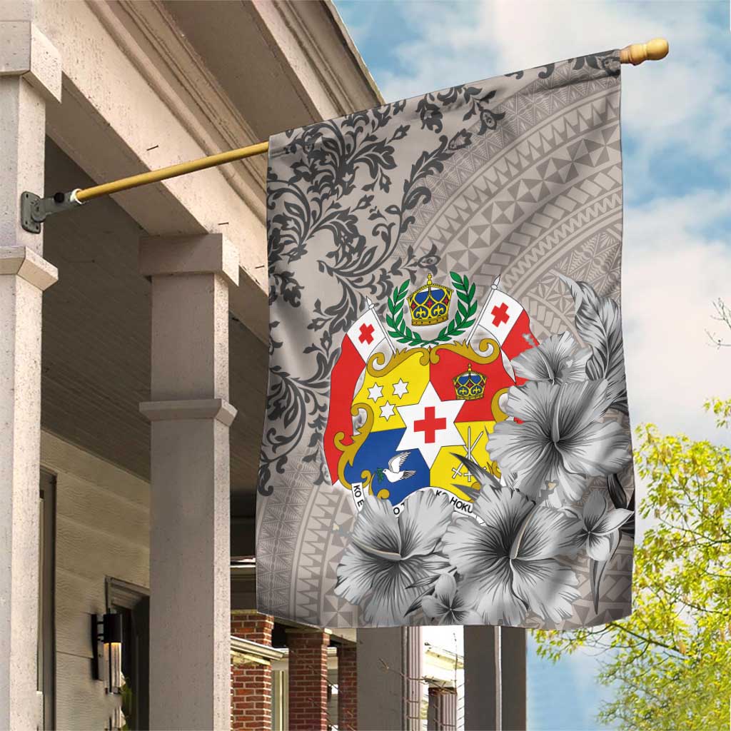 Tonga Culture Garden Flag Ngatu Pattern and Blooming Hibiscus LT03 House Flag Light Gray - Polynesian Pride