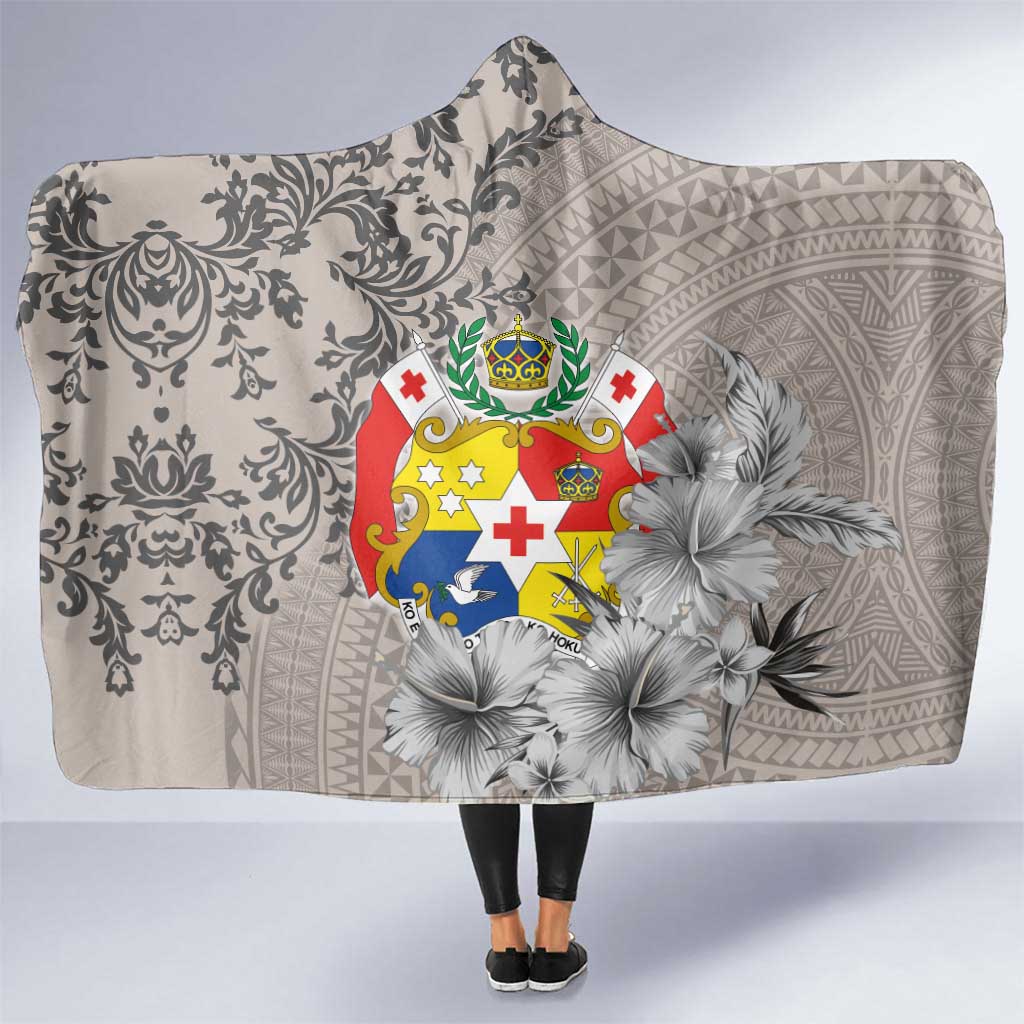 Tonga Culture Hooded Blanket Ngatu Pattern and Blooming Hibiscus LT03 One Size Light Gray - Polynesian Pride