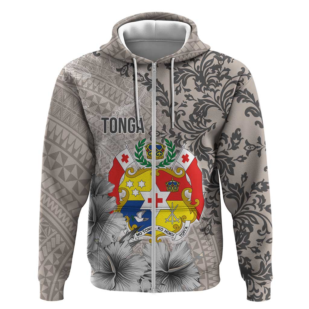 Tonga Culture Hoodie Ngatu Pattern and Blooming Hibiscus LT03 Zip Hoodie Light Gray - Polynesian Pride