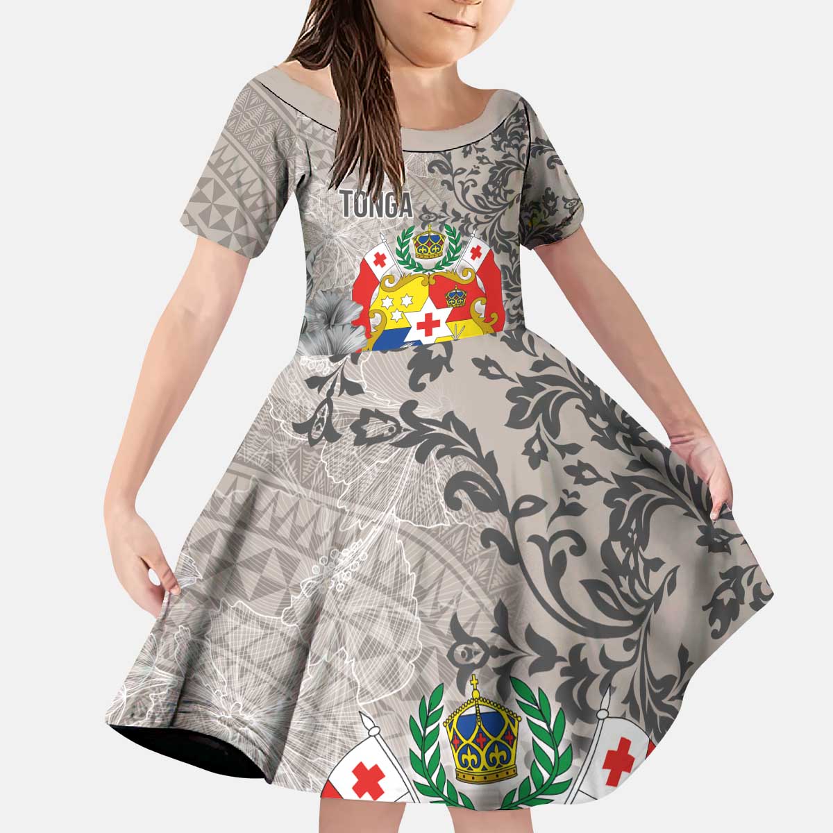 Tonga Culture Kid Short Sleeve Dress Ngatu Pattern and Blooming Hibiscus