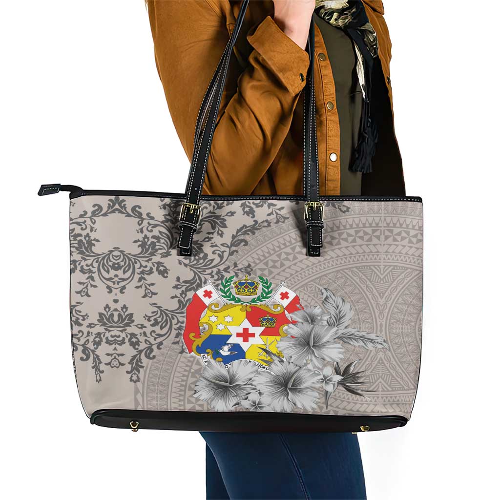 Tonga Culture Leather Tote Bag Ngatu Pattern and Blooming Hibiscus LT03 - Polynesian Pride