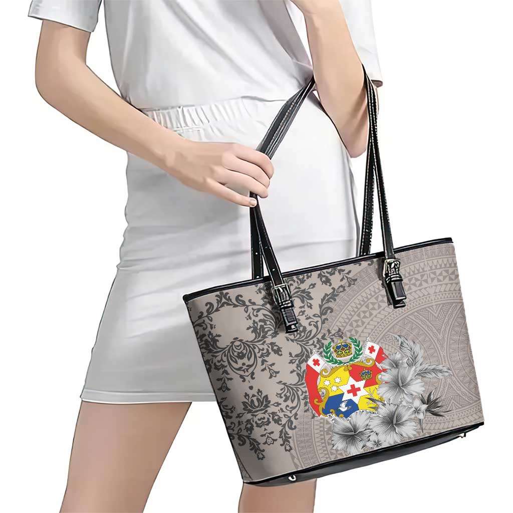 Tonga Culture Leather Tote Bag Ngatu Pattern and Blooming Hibiscus LT03 - Polynesian Pride