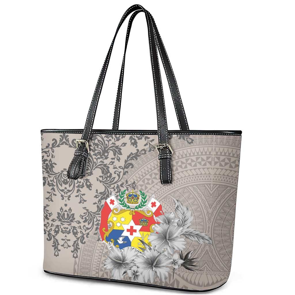 Tonga Culture Leather Tote Bag Ngatu Pattern and Blooming Hibiscus LT03 - Polynesian Pride