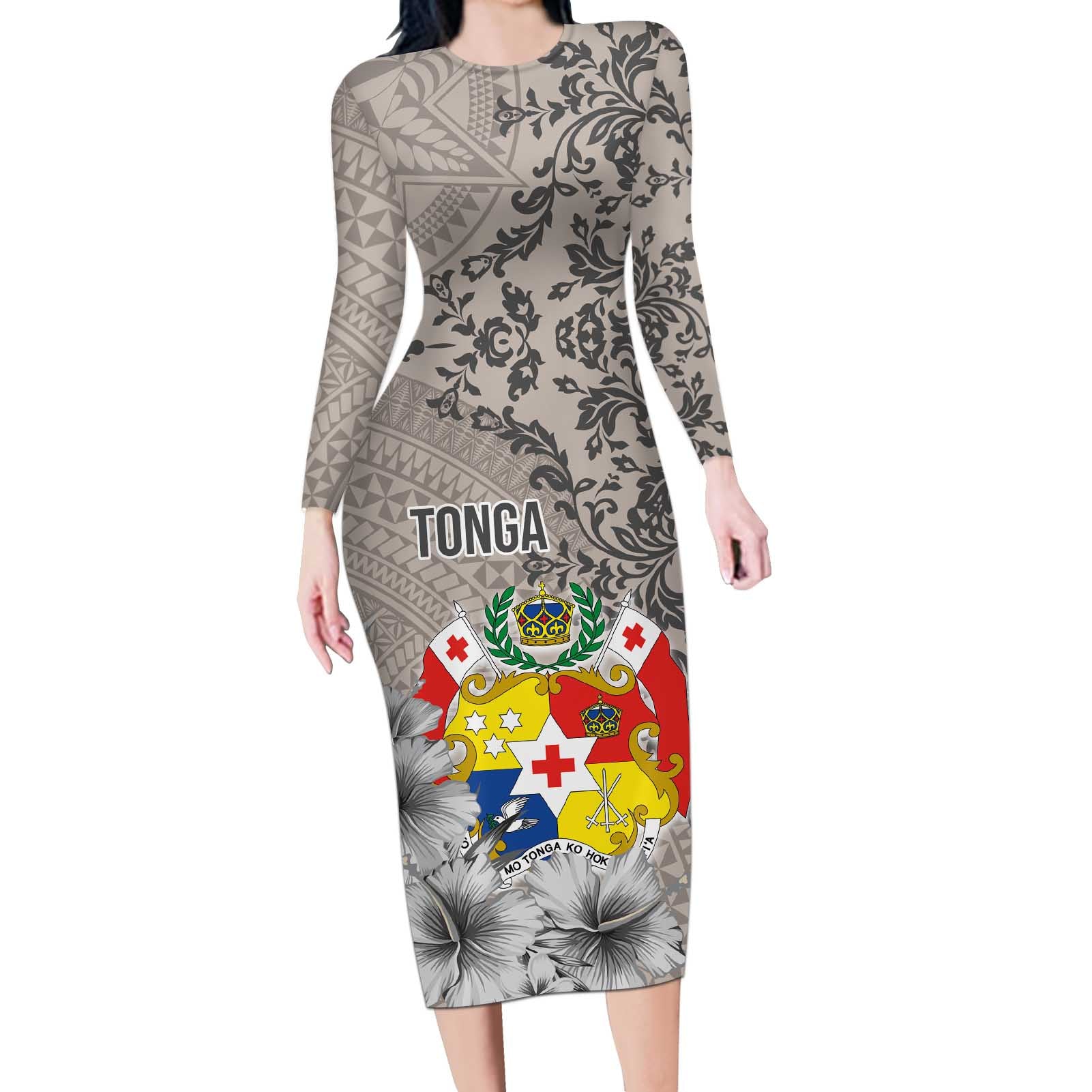 Tonga Culture Long Sleeve Bodycon Dress Ngatu Pattern and Blooming Hibiscus