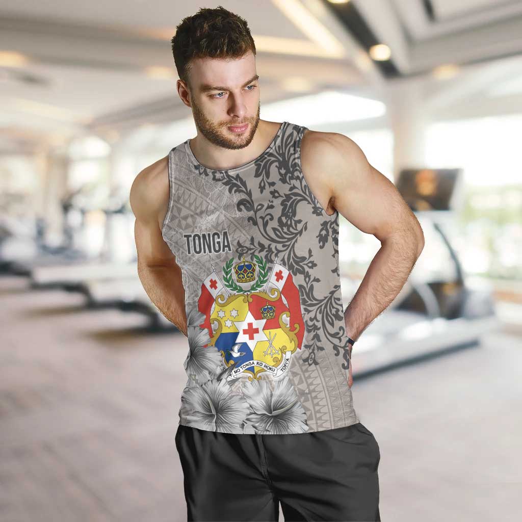 Tonga Culture Men Tank Top Ngatu Pattern and Blooming Hibiscus LT03 Light Gray - Polynesian Pride