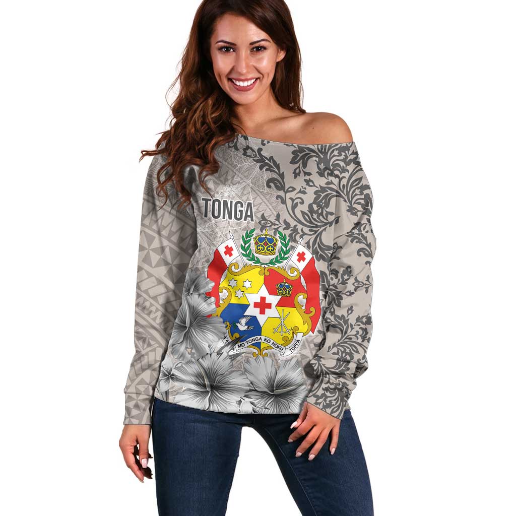 Tonga Culture Off Shoulder Sweater Ngatu Pattern and Blooming Hibiscus