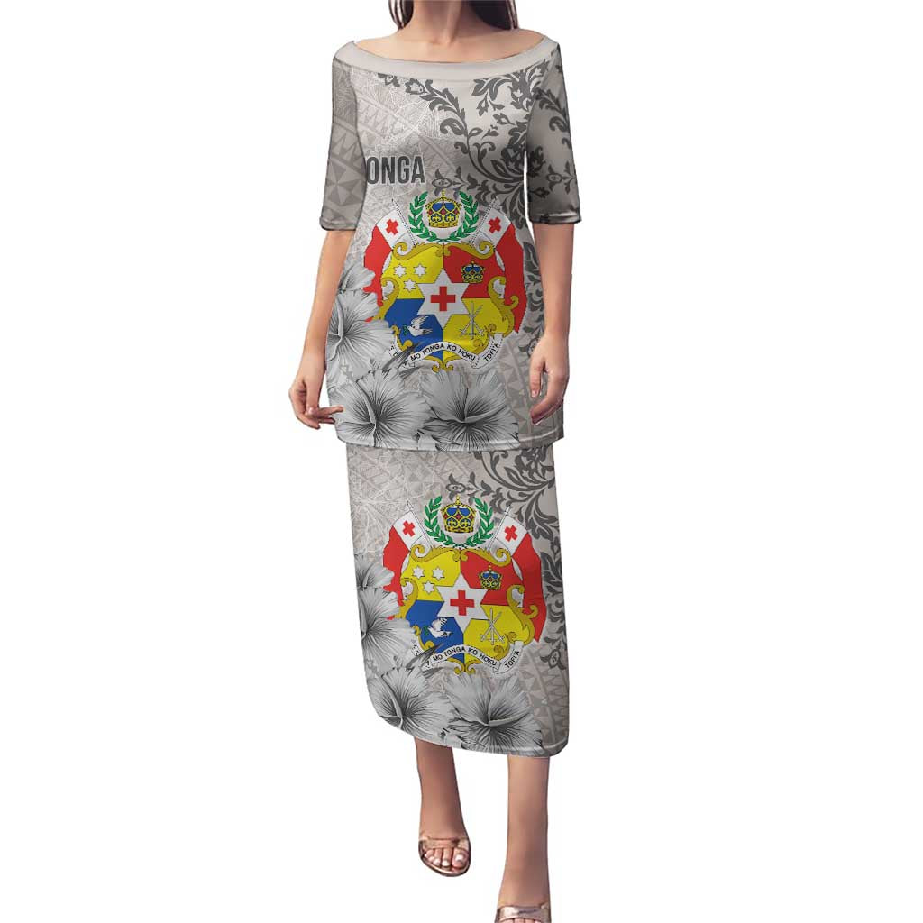 Tonga Culture Puletasi Ngatu Pattern and Blooming Hibiscus LT03 Long Dress Light Gray - Polynesian Pride