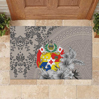 Tonga Culture Rubber Doormat Ngatu Pattern and Blooming Hibiscus LT03 Light Gray - Polynesian Pride