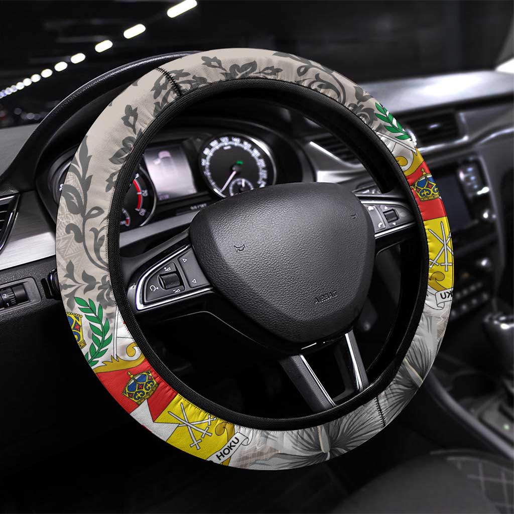Tonga Culture Steering Wheel Cover Ngatu Pattern and Blooming Hibiscus LT03 Universal Fit Light Gray - Polynesian Pride