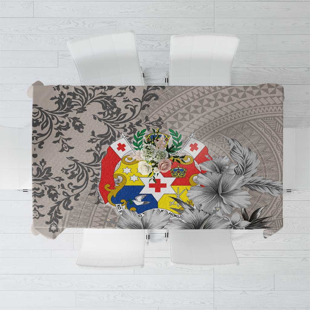 Tonga Culture Tablecloth Ngatu Pattern and Blooming Hibiscus LT03 Light Gray - Polynesian Pride