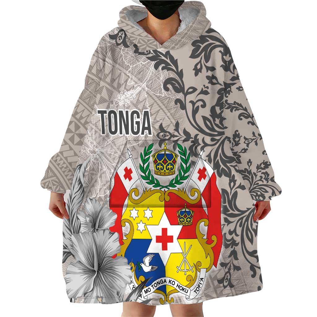Tonga Culture Wearable Blanket Hoodie Ngatu Pattern and Blooming Hibiscus