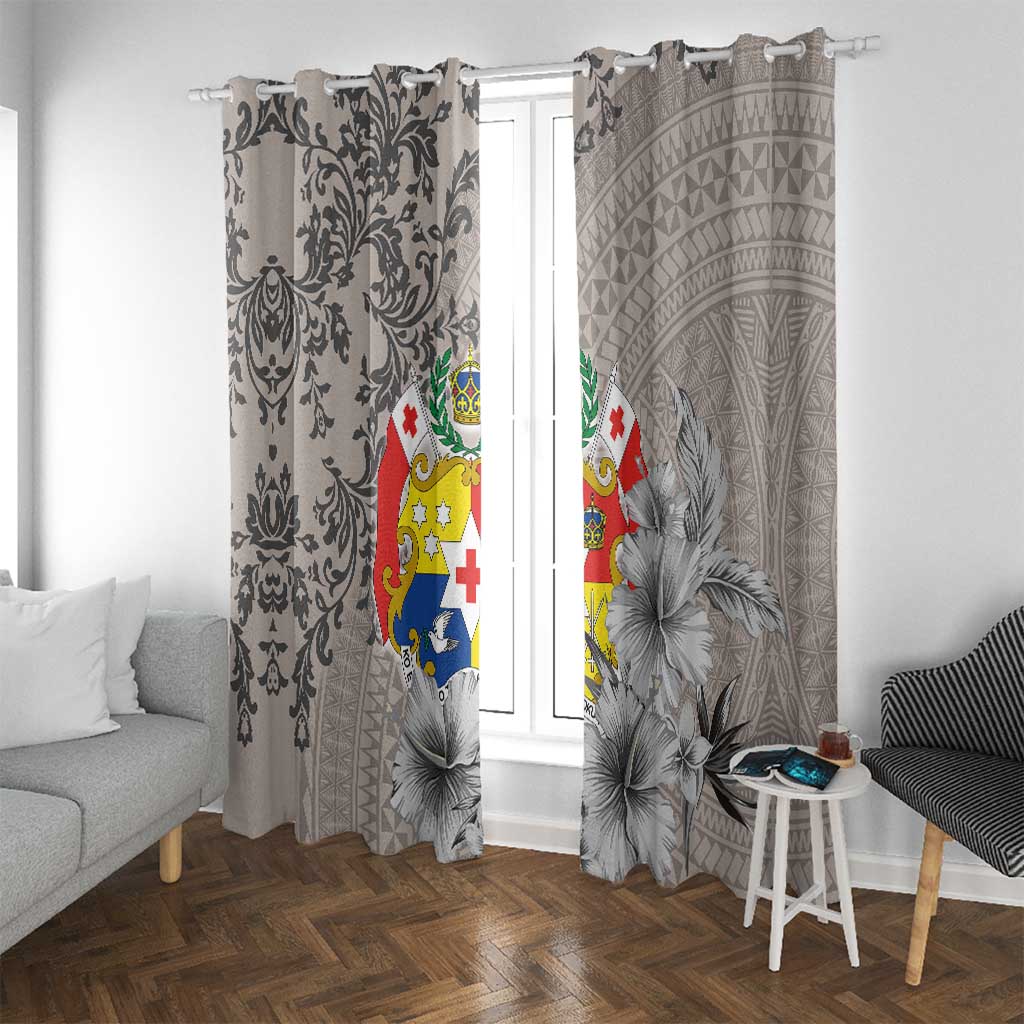 Tonga Culture Window Curtain Ngatu Pattern and Blooming Hibiscus LT03 With Grommets Light Gray - Polynesian Pride