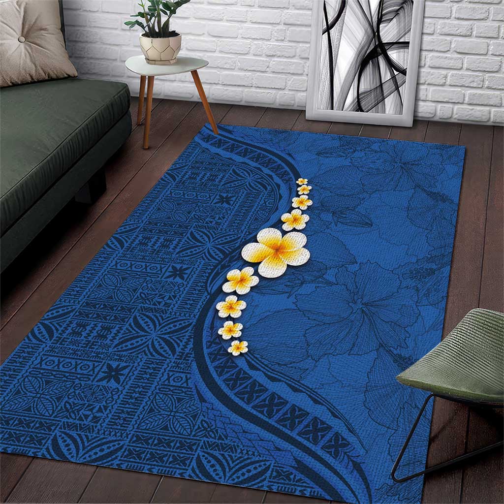 Polynesian Hibiscus and Plumeria with Tapa Pattern Area Rug Blue Color