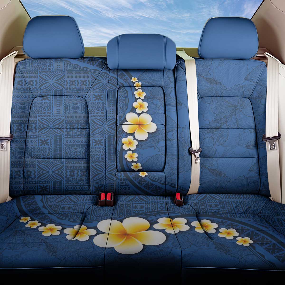 Polynesian Hibiscus and Plumeria with Tapa Pattern Back Car Seat Cover Blue Color LT03 One Size Blue - Polynesian Pride