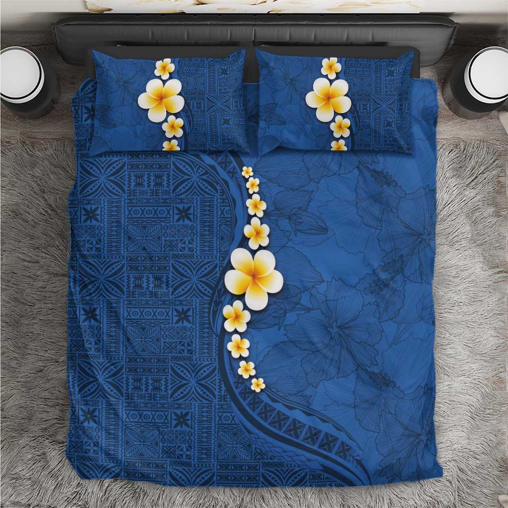 Polynesian Hibiscus and Plumeria with Tapa Pattern Bedding Set Blue Color