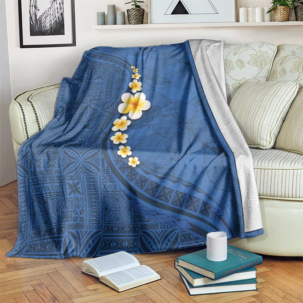 Polynesian Hibiscus and Plumeria with Tapa Pattern Blanket Blue Color LT03 Blue - Polynesian Pride