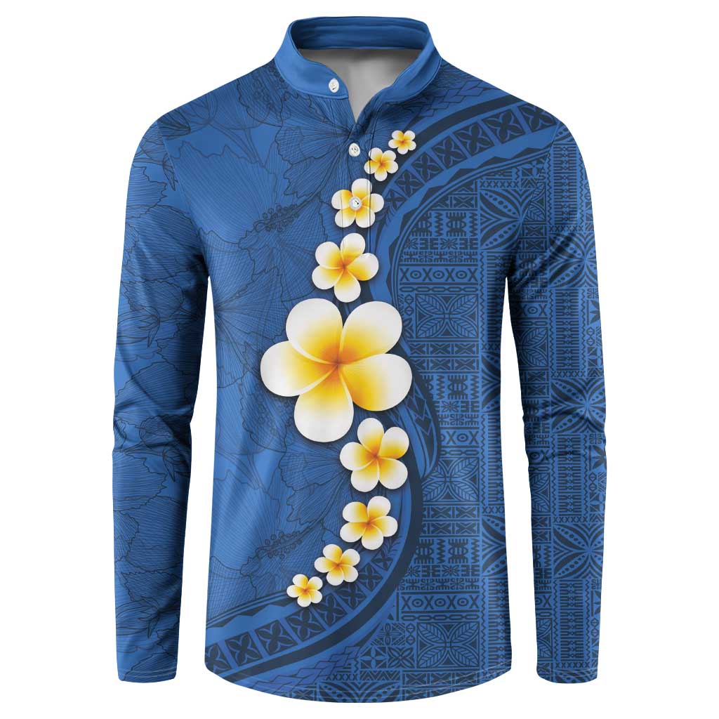 Polynesian Hibiscus and Plumeria with Tapa Pattern Button Sweatshirt Blue Color LT03 Blue - Polynesian Pride