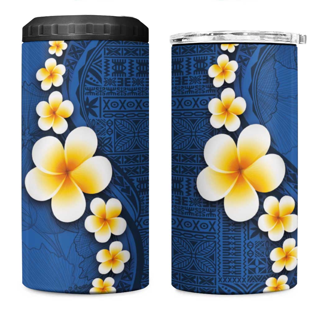 Polynesian Hibiscus and Plumeria with Tapa Pattern 4 in 1 Can Cooler Tumbler Blue Color