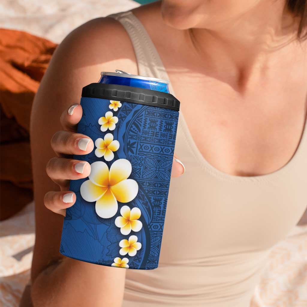 Polynesian Hibiscus and Plumeria with Tapa Pattern 4 in 1 Can Cooler Tumbler Blue Color