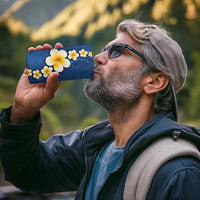 Polynesian Hibiscus and Plumeria with Tapa Pattern 4 in 1 Can Cooler Tumbler Blue Color
