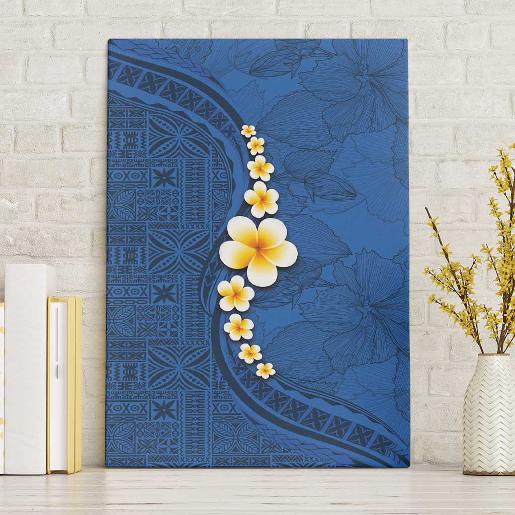 Polynesian Hibiscus and Plumeria with Tapa Pattern Canvas Wall Art Blue Color