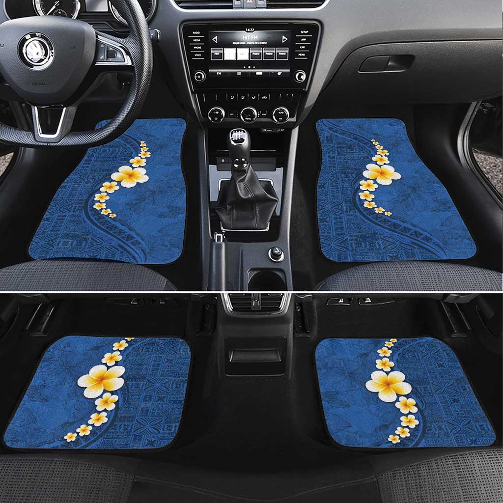 Polynesian Hibiscus and Plumeria with Tapa Pattern Car Mats Blue Color