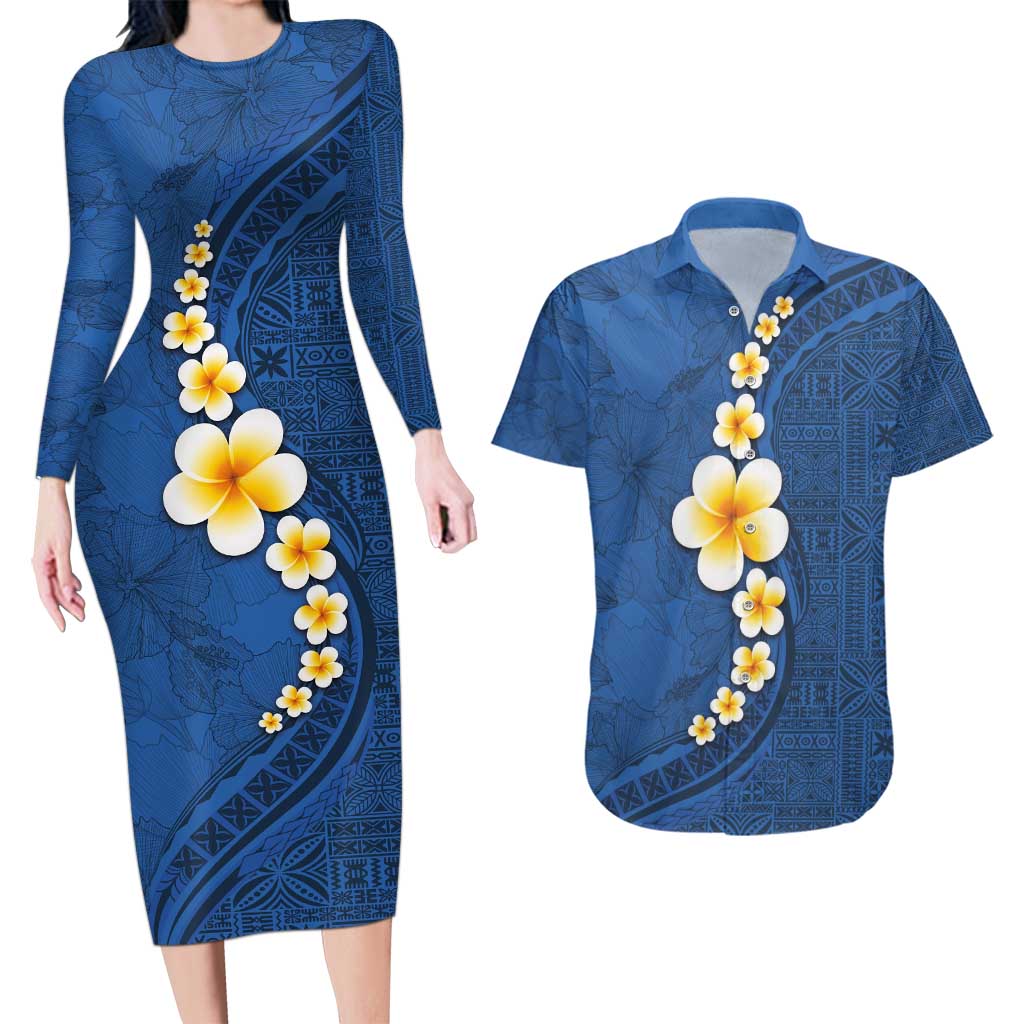 Polynesian Hibiscus and Plumeria with Tapa Pattern Couples Matching Long Sleeve Bodycon Dress and Hawaiian Shirt Blue Color