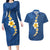 Polynesian Hibiscus and Plumeria with Tapa Pattern Couples Matching Long Sleeve Bodycon Dress and Hawaiian Shirt Blue Color