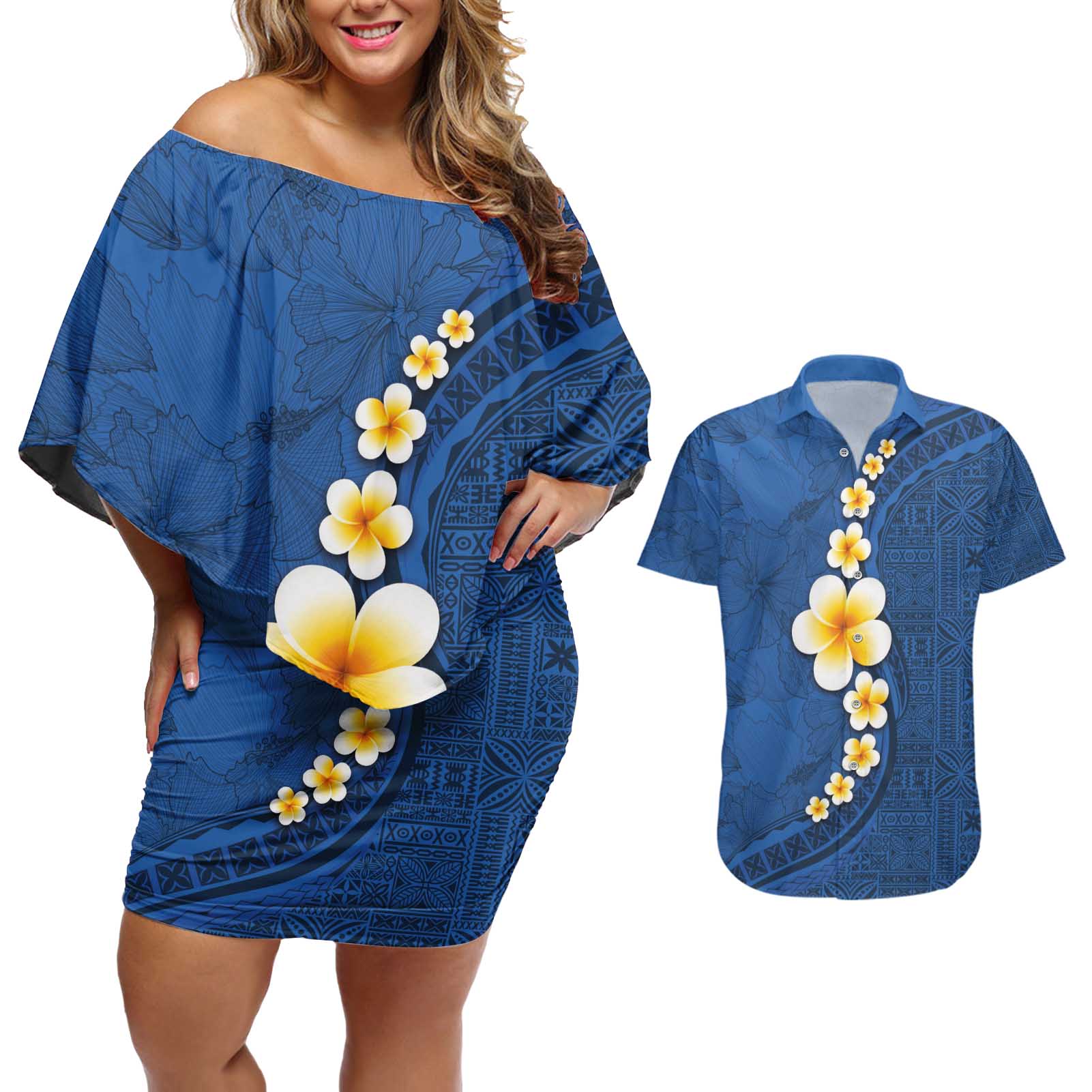 Polynesian Hibiscus and Plumeria with Tapa Pattern Couples Matching Off Shoulder Short Dress and Hawaiian Shirt Blue Color