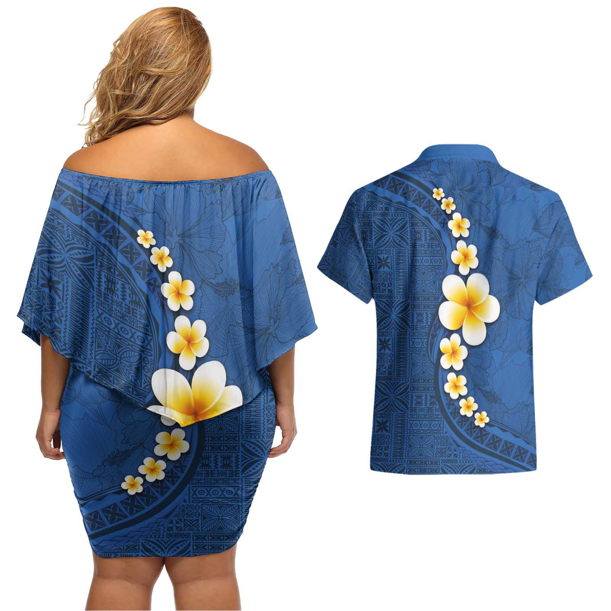 Polynesian Hibiscus and Plumeria with Tapa Pattern Couples Matching Off Shoulder Short Dress and Hawaiian Shirt Blue Color