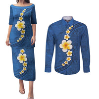 Polynesian Hibiscus and Plumeria with Tapa Pattern Couples Matching Puletasi and Long Sleeve Button Shirt Blue Color LT03 Blue - Polynesian Pride