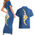 Polynesian Hibiscus and Plumeria with Tapa Pattern Couples Matching Short Sleeve Bodycon Dress and Hawaiian Shirt Blue Color